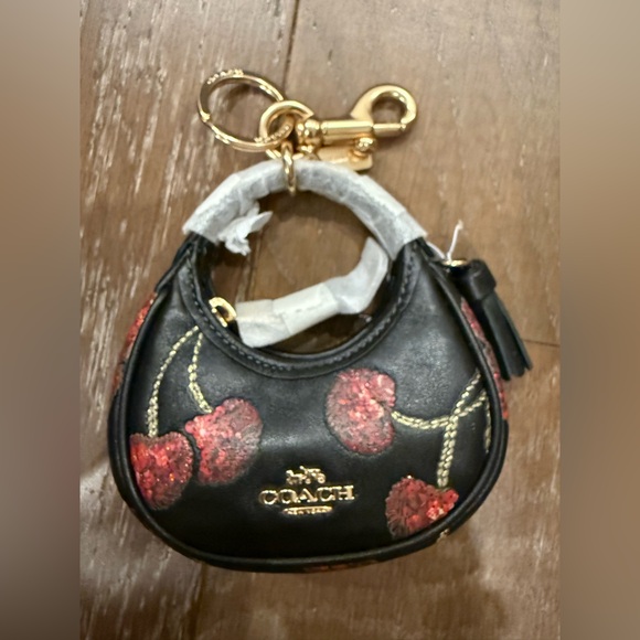 Coach Accessories - Coach Black Leather Poppy Floral Key Charm with Gold Hardware